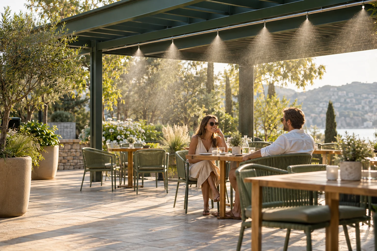 Illustrative Terrasse mit Wassernebelkühlung