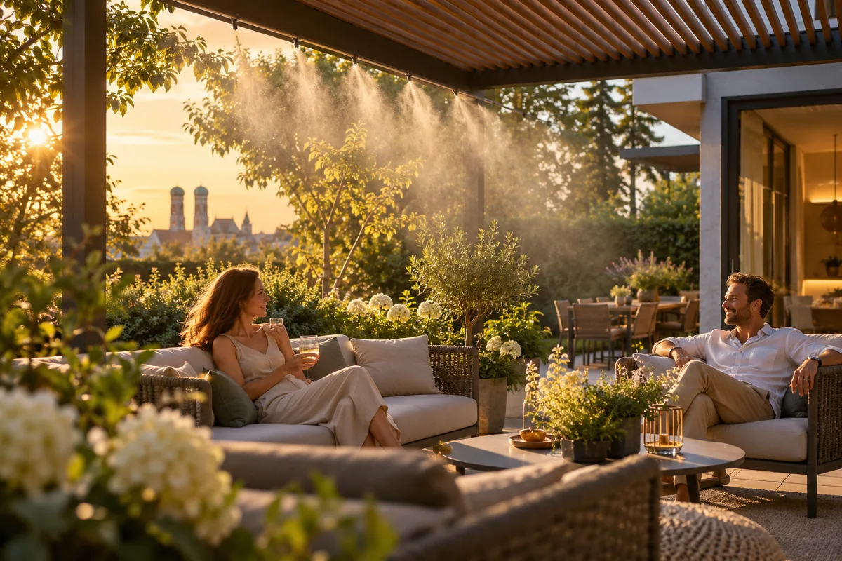 Nebeldüsen über einem Sitzbereich auf einer privaten Gartenterrasse