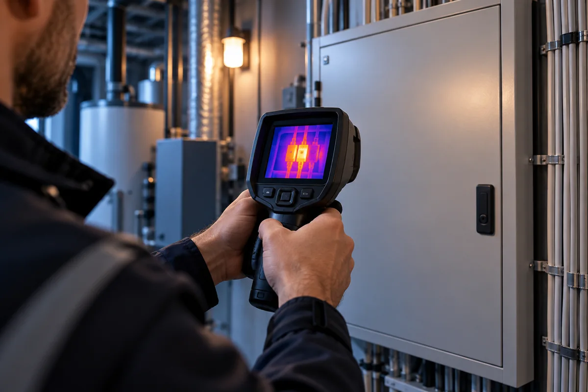 Techniker prüft einen Elektroschrank mit einer Wärmebildkamera