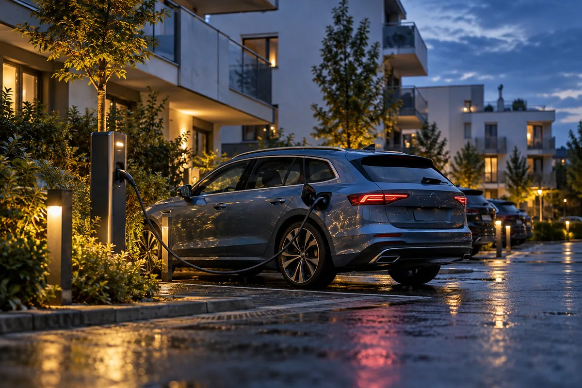 Elektroauto an einer Ladestation auf einem privaten Parkplatz am Abend