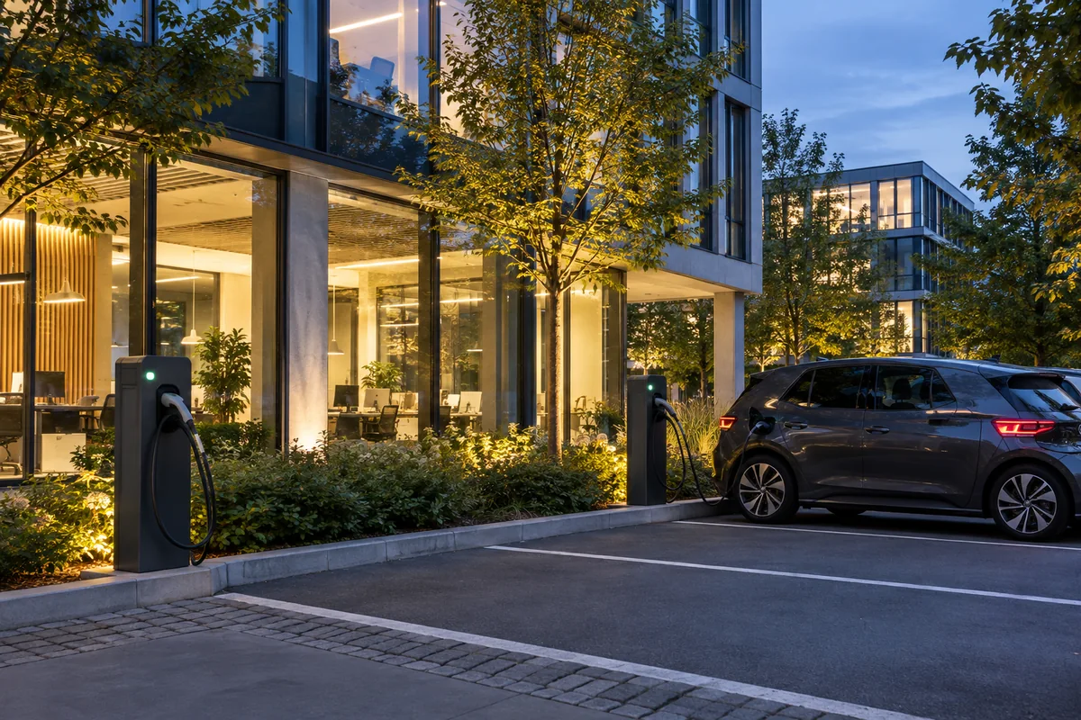 Ladepunkte an einem Bürogebäude mit einem angeschlossenen Elektroauto
