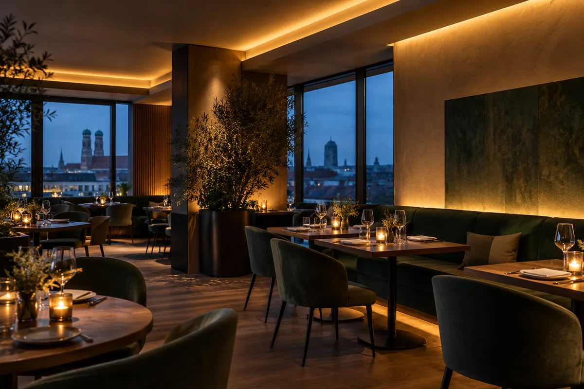 Restaurant mit warmen Lichtvouten und beleuchteten Wänden